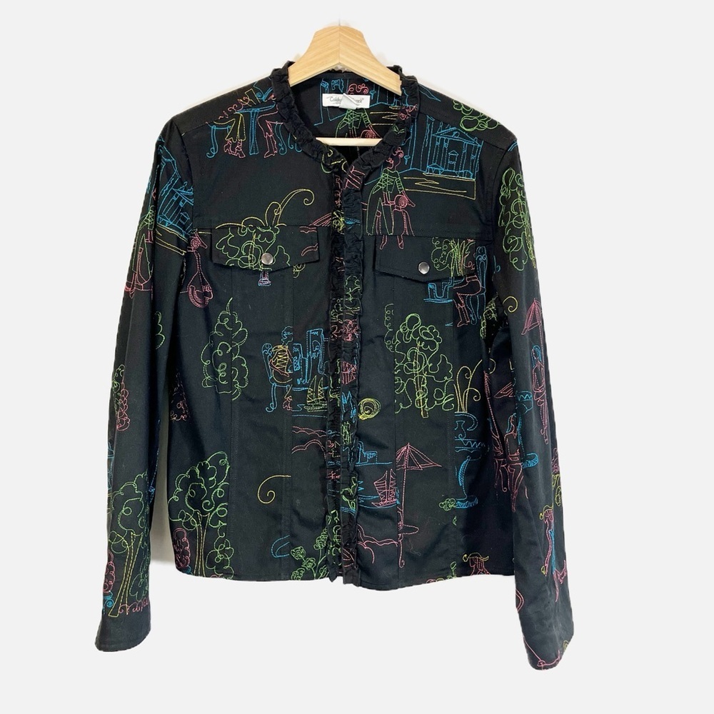 Coldwater Creek Black Novelty Print Blazer Jacket Embroidery Ruffle Trim Size M